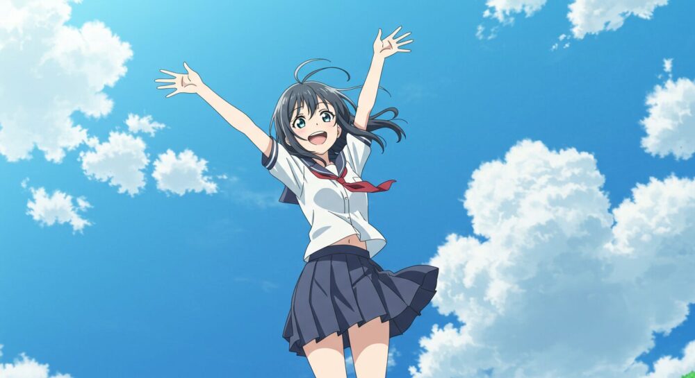 青空に向かって高くジャンプする女子高生